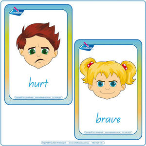 Emotion Flashcards completed using QLD Handwriting, QLD Emotion Flashcards