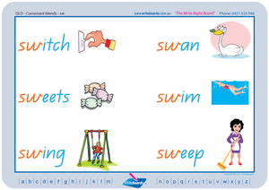 QLD Modern Cursive Font Phonic Consonant Blends worksheets and Posters