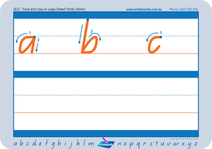Large lowercase dotted third letter worksheets using QLD Modern Cursive Font for Occupational Therapists and Tutors