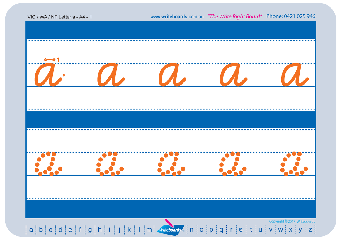 VIC Modern Cursive Font Lowercase Alphabet Tracing Worksheets for Occupational Therapists and Tutors