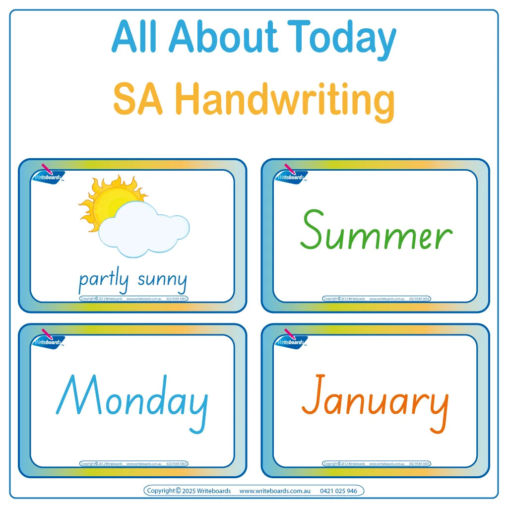 Teach your child everything about today includes flashcards and worksheets using SA Modern Cursive Font