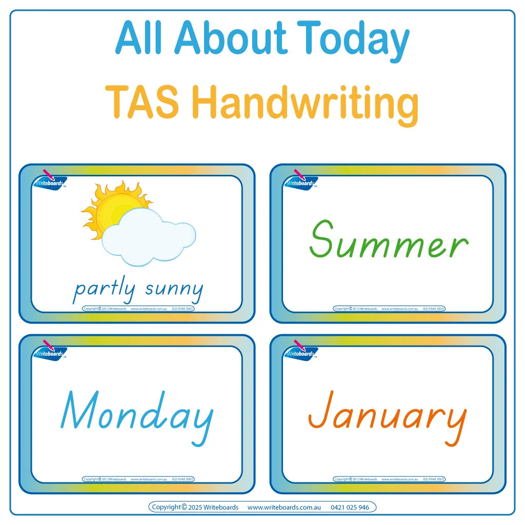 Teach your child everything about today includes flashcards and worksheets using TAS Modern Cursive Font