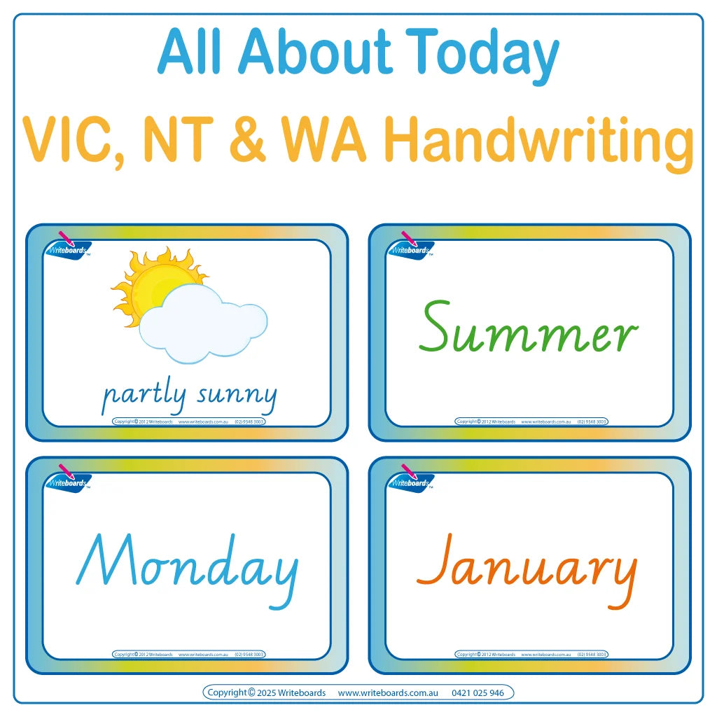 Teach your child everything about today includes flashcards and worksheets using VIC Modern Cursive Font