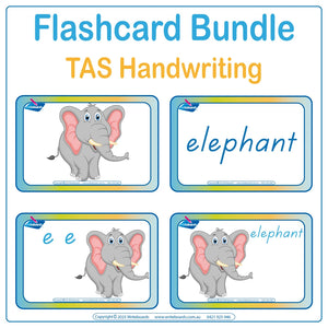 Animal Phonic Flashcard Bundle with 104 cards featuring letters and pictures using TAS School Handwriting