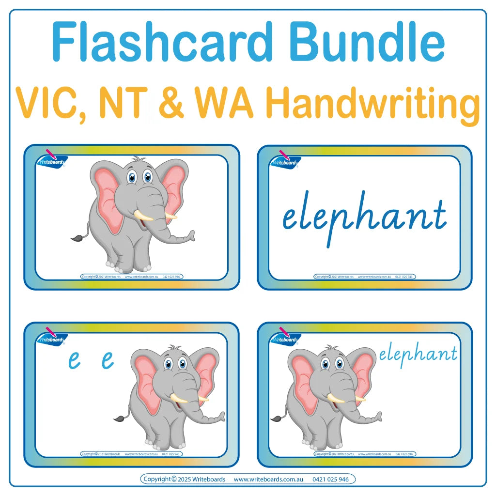 Animal Phonic Flashcard Bundle with 104 cards featuring letters and pictures using VIC & WA Handwriting