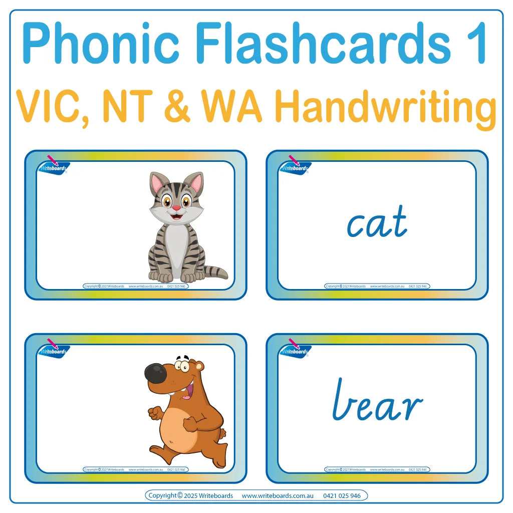 Animal Phonics Flashcards Pack with vibrant pictures and names in VIC & WA Handwriting