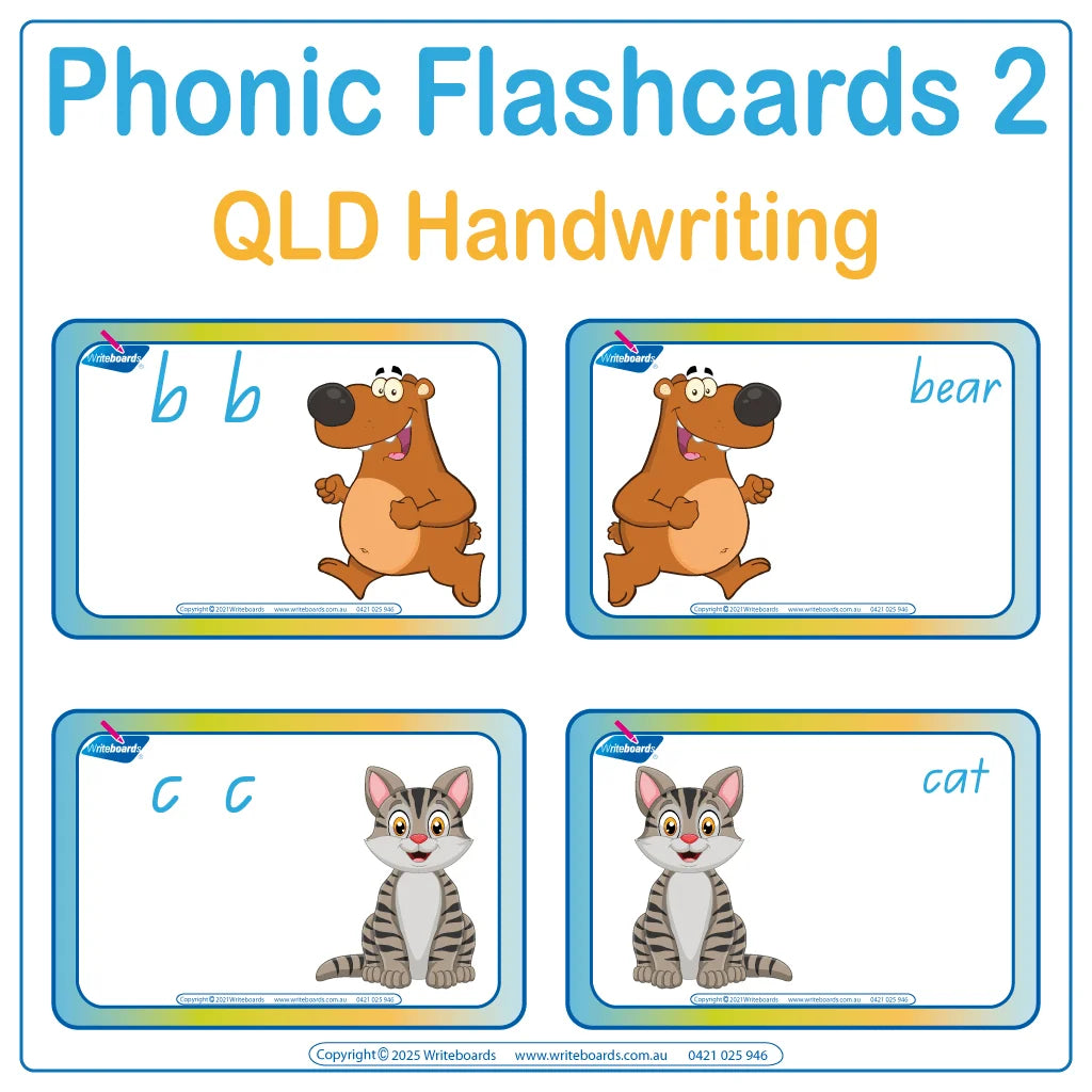 Animal Phonics Flashcards Pack Two featuring animal pictures with names and phonic letters for QLD handwriting