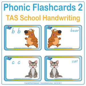 Animal Phonics Flashcards Pack Two featuring animal pictures with names and phonic letters using TAS handwriting