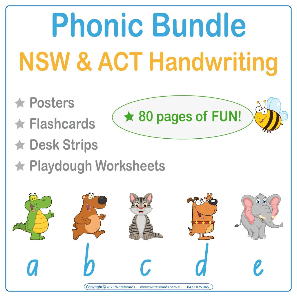 NSW & ACT Animal Phonic Super Bundle featuring desk strips posters flashcards and play dough activities