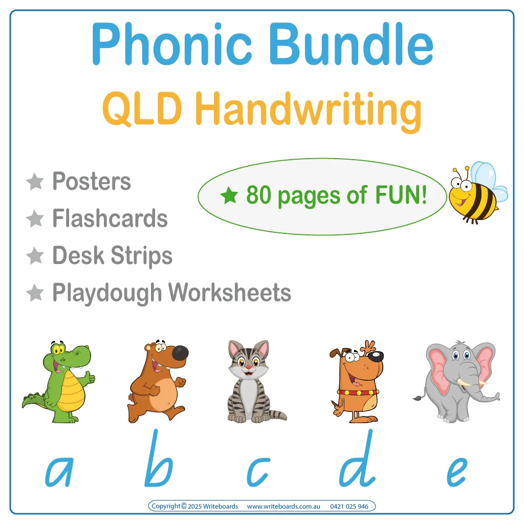 QLD Animal Phonic Super Bundle featuring desk strips posters flashcards and play dough activities