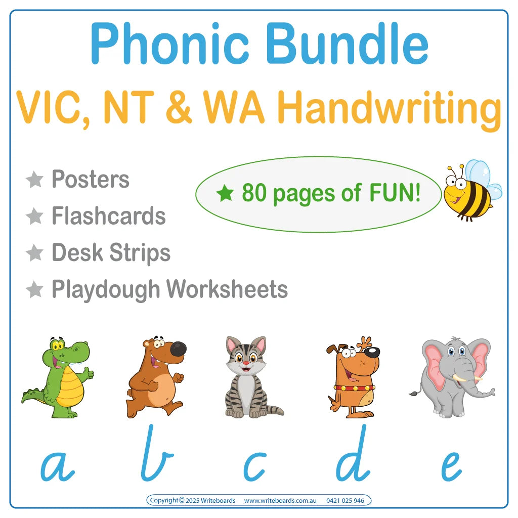 VIC & WA Animal Phonic Super Bundle featuring desk strips posters flashcards and play dough activities