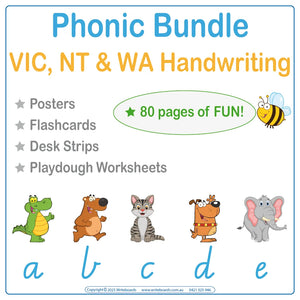 VIC & WA Animal Phonic Super Bundle featuring desk strips posters flashcards and play dough activities