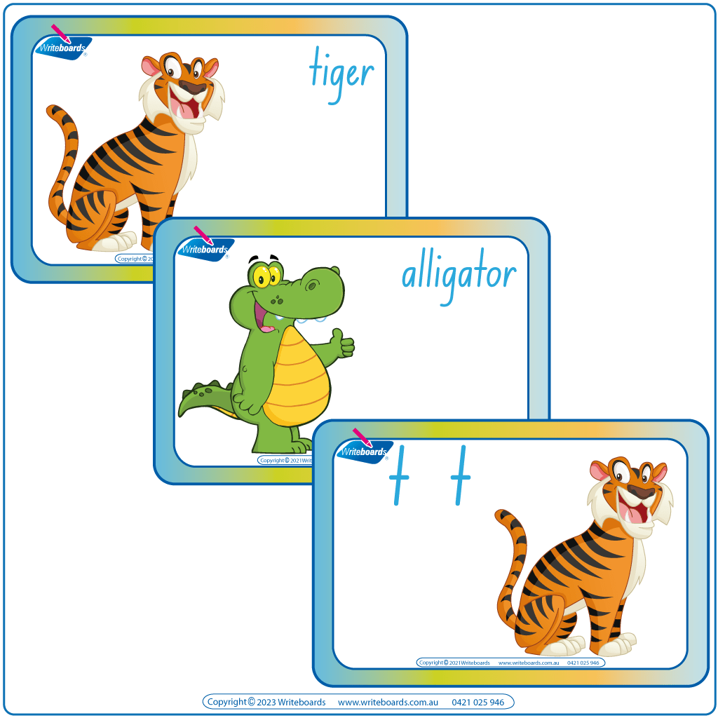 Animal Phonics Flashcards Pack Two featuring animal pictures with names and phonic letters for NSW handwriting