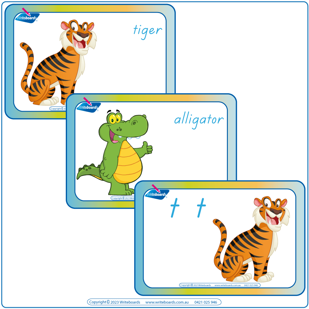 Animal Phonics Flashcards Pack Two featuring animal pictures with names and phonic letters using TAS handwriting