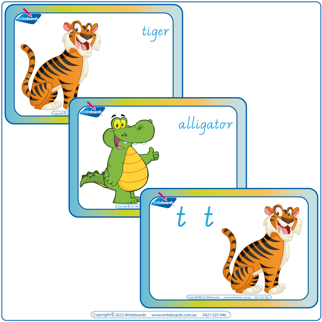 Animal Phonics Flashcards Pack Two featuring animal pictures with names and phonic letters using VIC handwriting