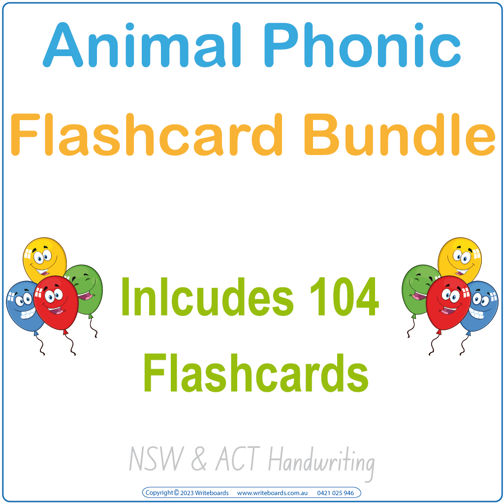 Animal Phonic Flashcard Bundle with 104 cards featuring letters and pictures for NSW & ACT Handwriting