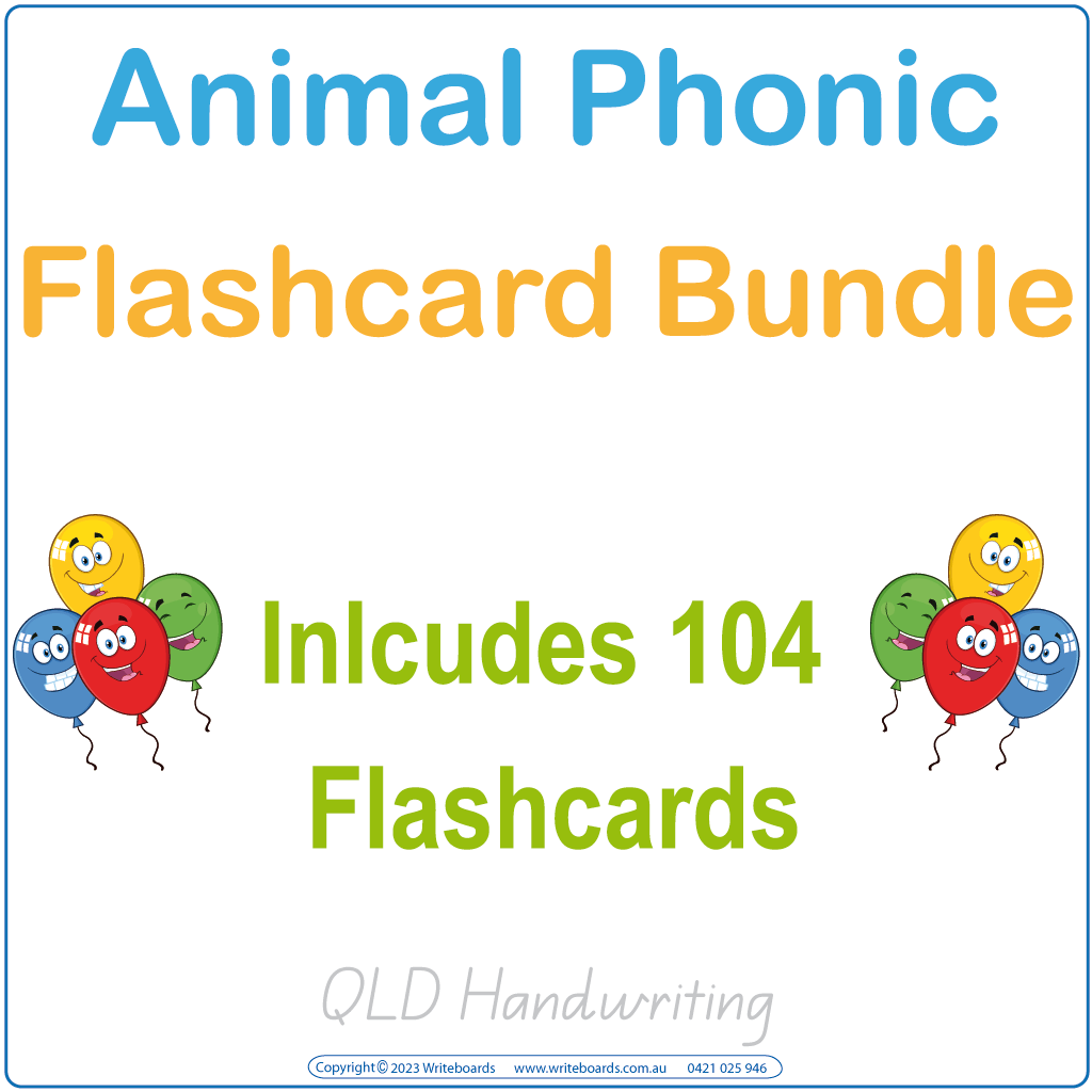 Animal Phonic Flashcard Bundle with 104 cards featuring letters and pictures for QLD Handwriting