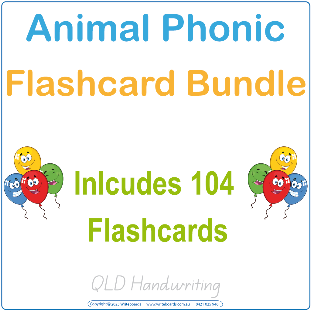 QLD Phonic Flashcard Bundle includes 104 Flashcards completed using QLD School Handwriting, QLD Animal Phonic Flashcards