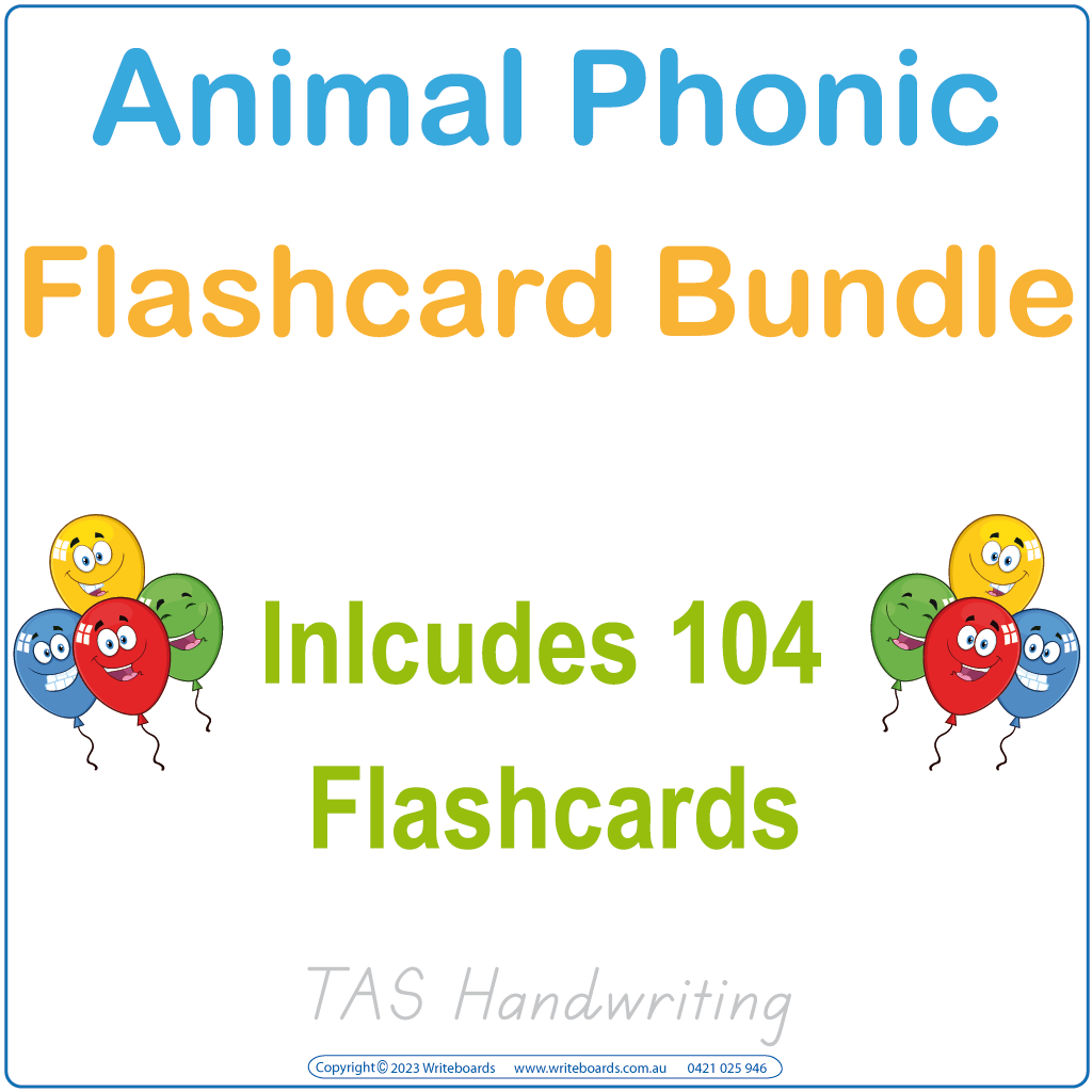 Animal Phonic Flashcard Bundle with 104 cards featuring letters and pictures using TAS School Handwriting