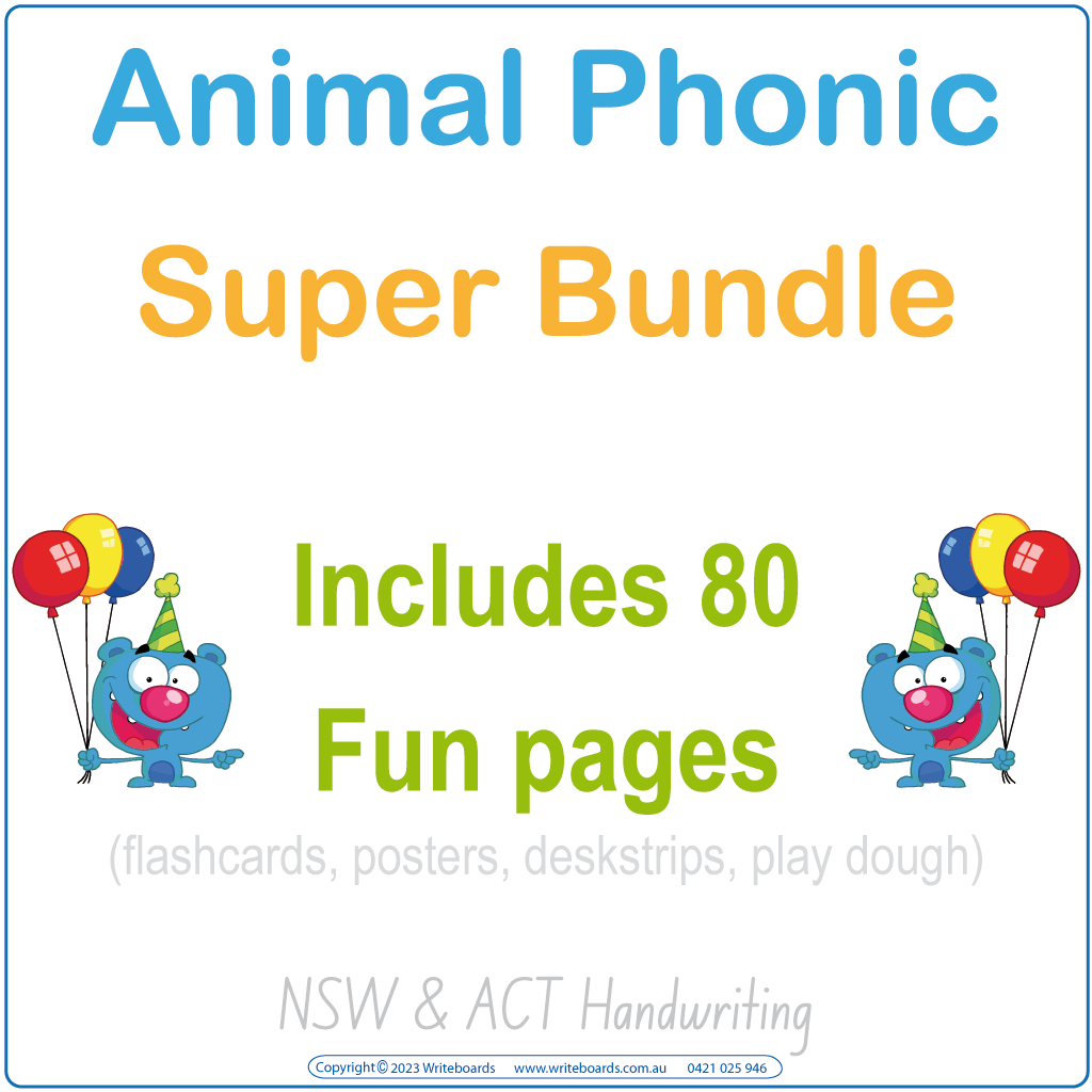 NSW & ACT Animal Phonic Super Bundle featuring desk strips posters flashcards and play dough activities