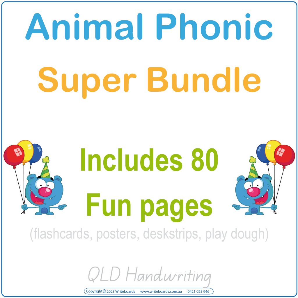 QLD Animal Phonic Super Bundle featuring desk strips posters flashcards and play dough activities