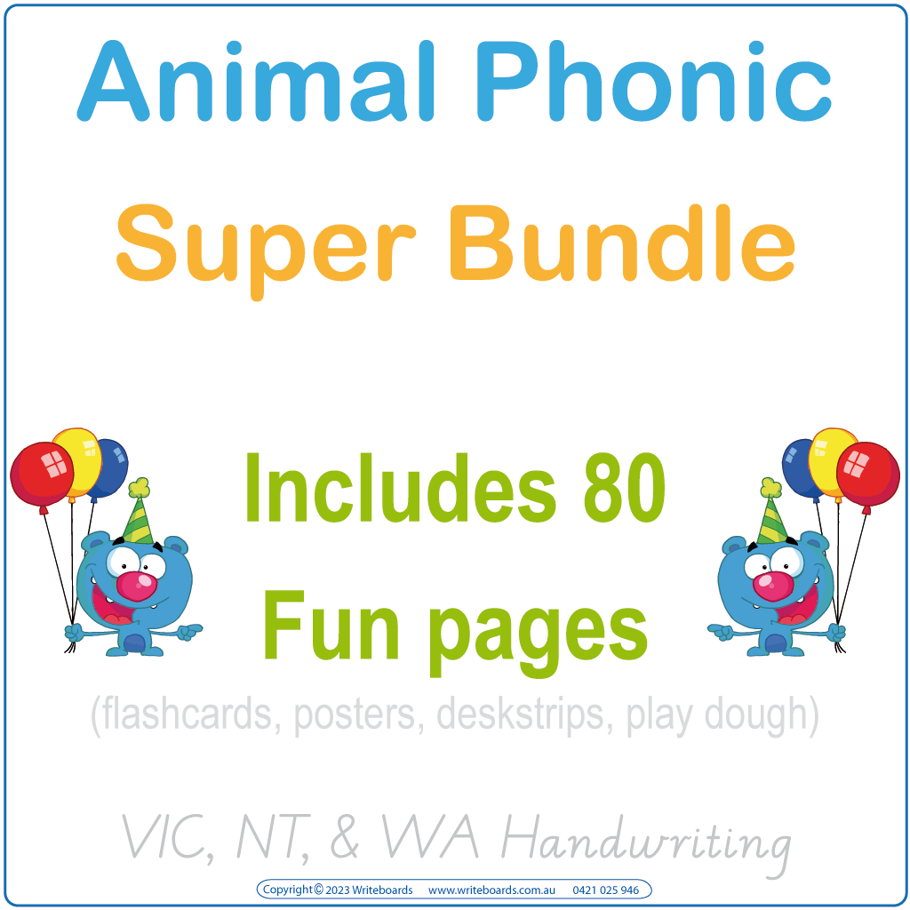 VIC & WA Animal Phonic Super Bundle featuring desk strips posters flashcards and play dough activities