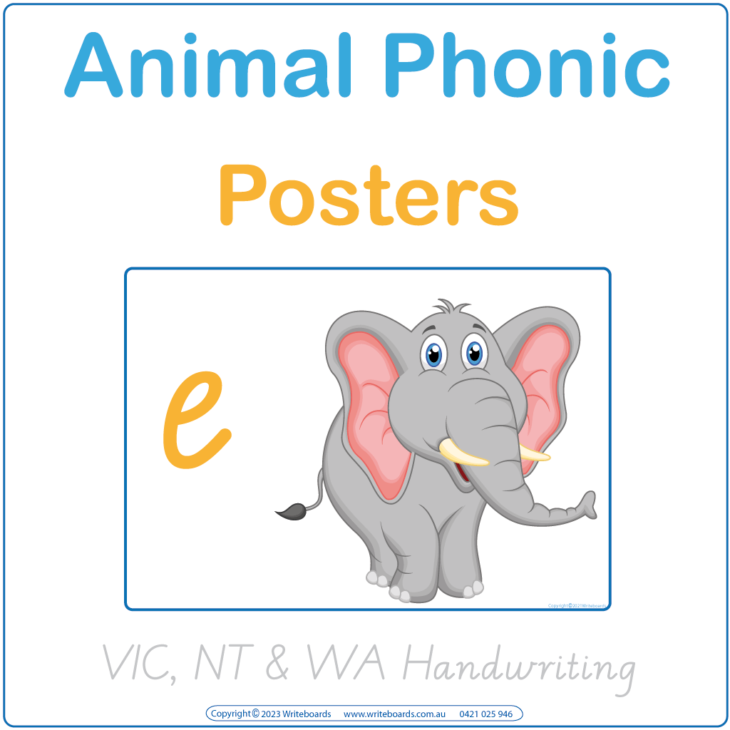 VIC & WA Colourful Animal Phonics Posters featuring alphabet letters and animal illustrations for your child