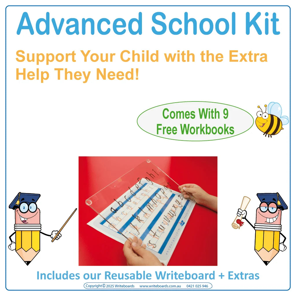 Advanced School Kit for Aussie kids includes reusable Writeboard worksheets and guided help for your child