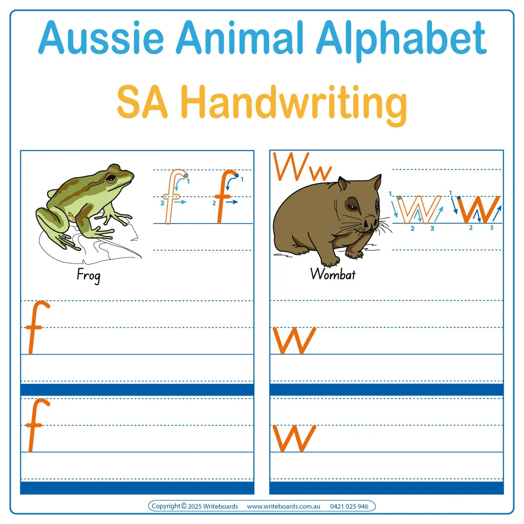 Teach your child SA Modern Cursive Font Handwriting with our Australian Animal Alphabet Tracing Worksheets
