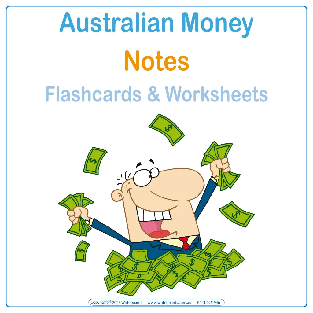 Build financial literacy with Australian Money Pack Two including 46-pages of Worksheets & Flashcards