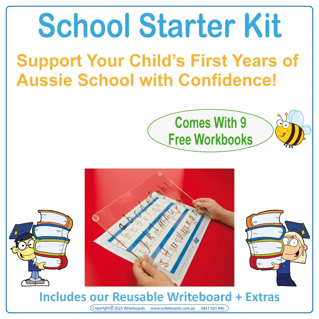School Starter Kit for Aussie kids includes reusable Writeboard worksheets and accessories to support your child