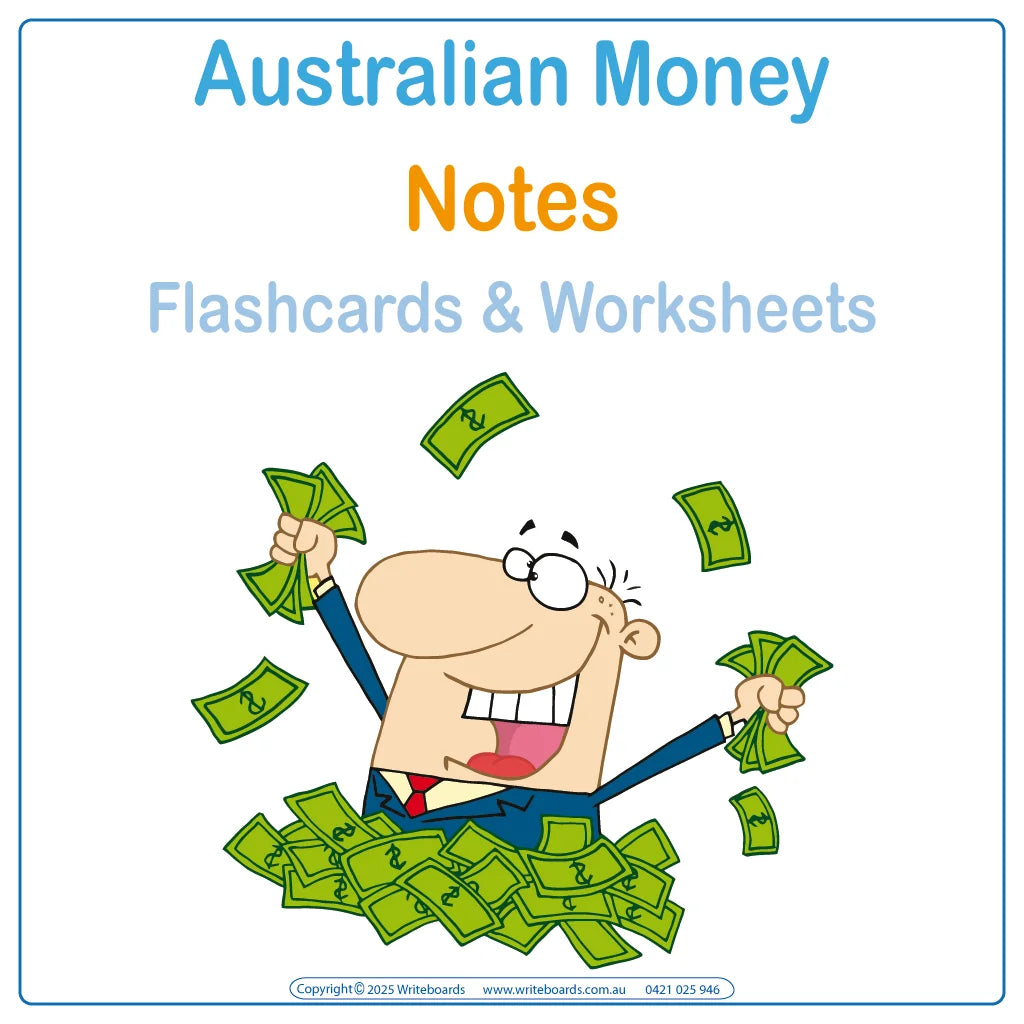 Teach Australian note combinations up to $100 with 46 worksheets plus flashcards and posters