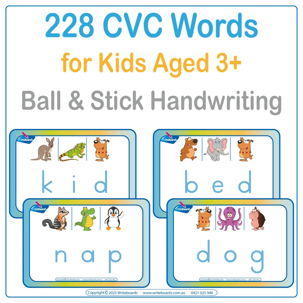 228 Colorful CVC Flashcards includes 228 CVC Words using Ball and Stick Handwriting