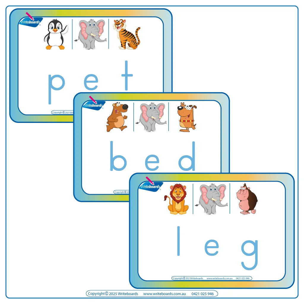 Colorful CVC Flashcards Middle Letter E using Animal Phonics and Ball and Stick Handwriting