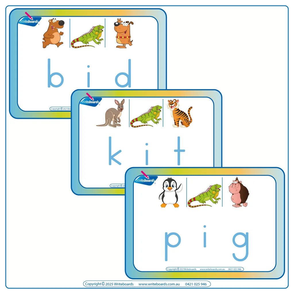 Colorful CVC Flashcards Middle Letter I using Animal Phonics and Ball and Stick Handwriting