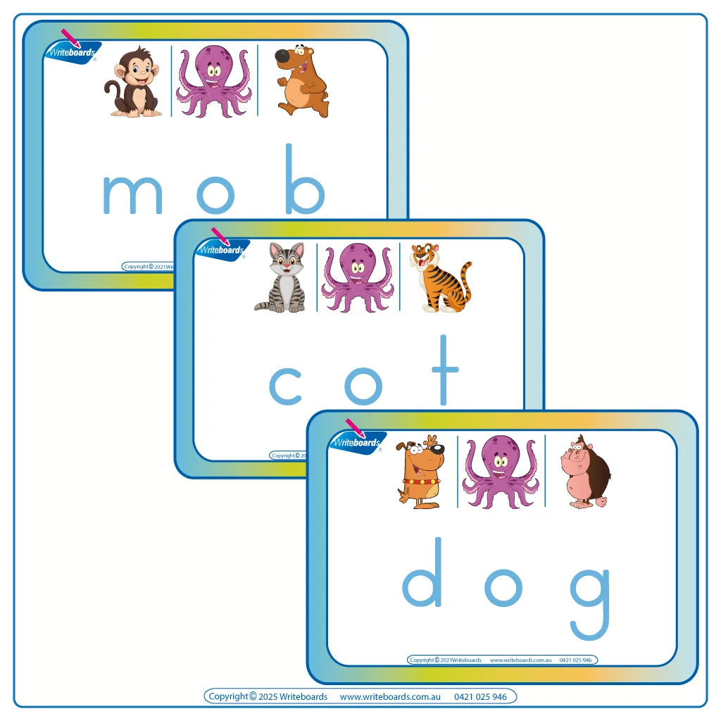 Colorful CVC Flashcards Middle Letter O using Animal Phonics and Ball and Stick Handwriting