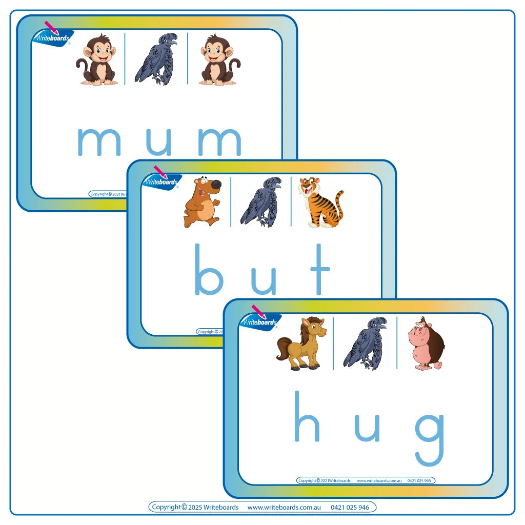 Colorful CVC Flashcards Middle Letter U using Animal Phonics and Ball and Stick Handwriting