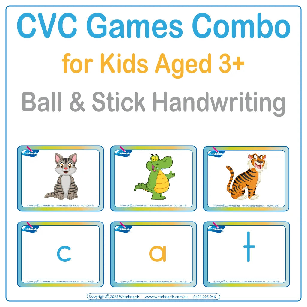 CVC Games Combo includes picture and letter flashcards to form words using Ball and Stick Handwriting