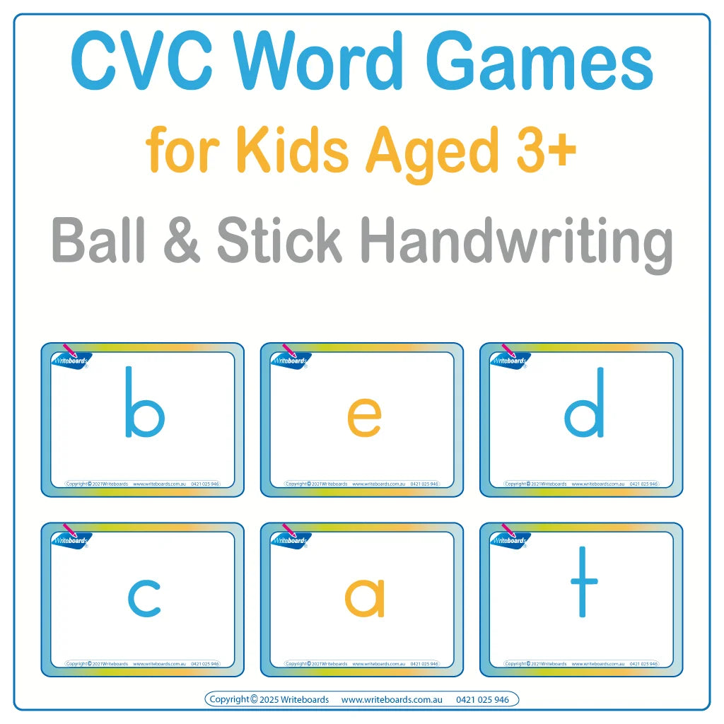 CVC Word Game includes alphabet flashcards to form words using Ball and Stick Handwriting