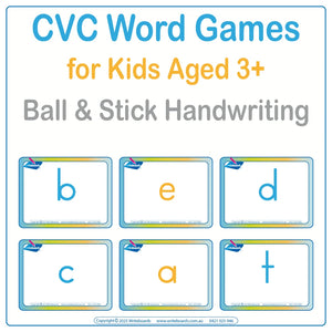 CVC Word Game includes alphabet flashcards to form words using Ball and Stick Handwriting