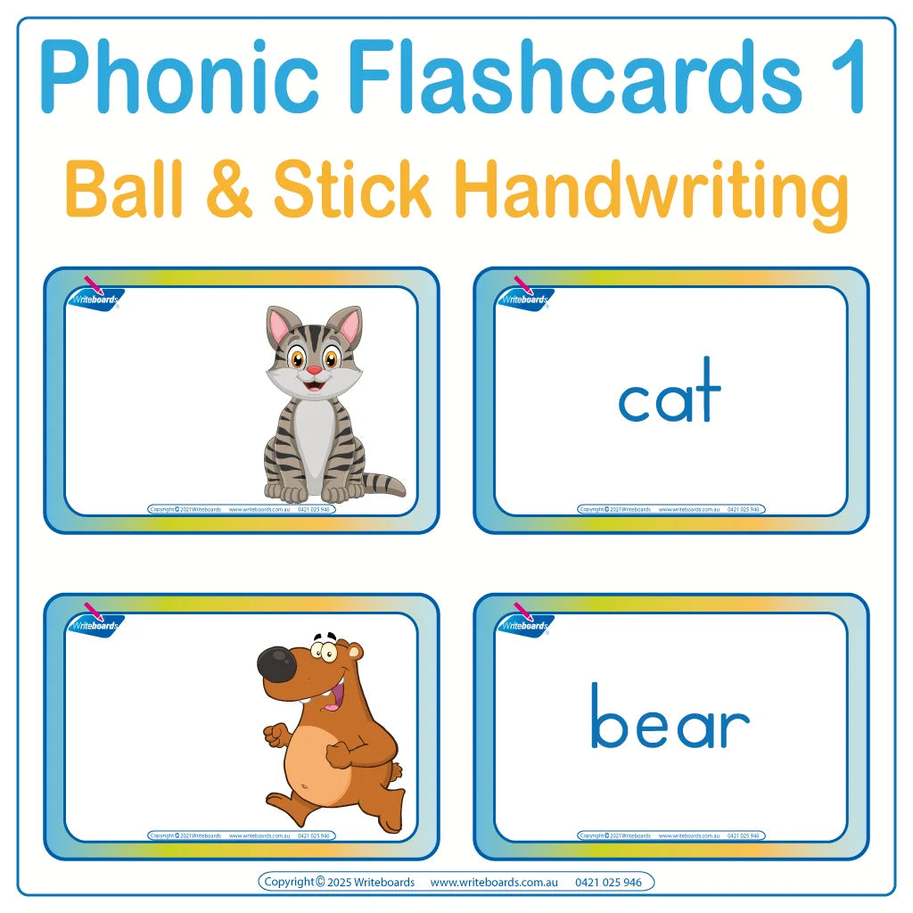Phonic Flashcards Pack One using Animals and Ball and Stick Handwriting