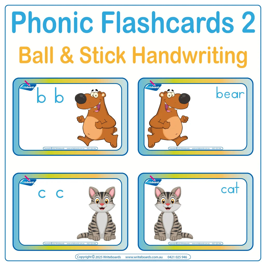 Phonic Flashcards Pack Two using Animals and Ball and Stick Handwriting