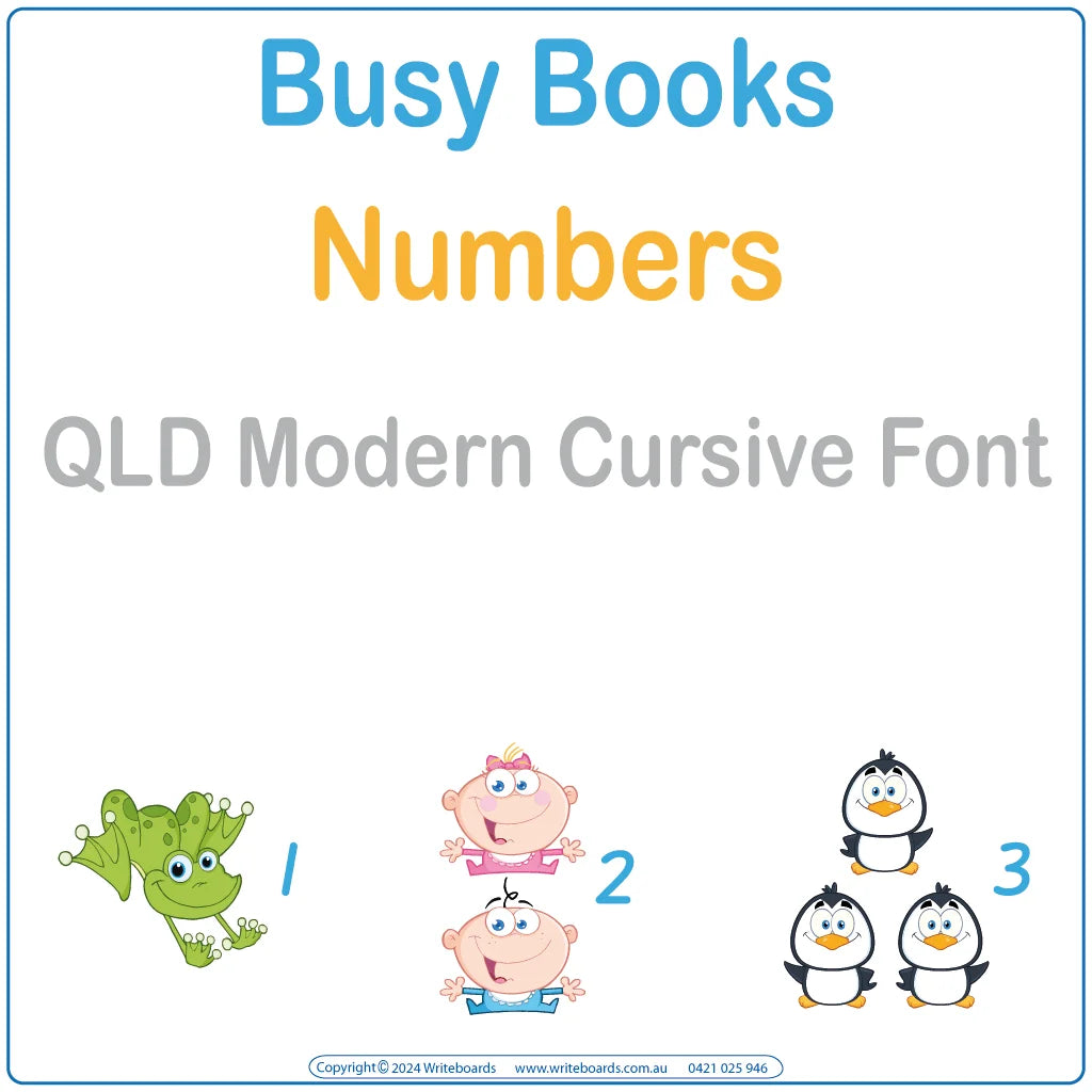 Teach numbers with this QLD Modern Cursive Font Busy Book that includes 34 interactive pages