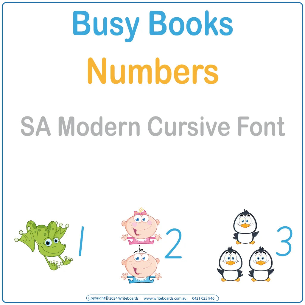 Teach numbers with this SA Modern Cursive Font Busy Book that includes 34 interactive pages