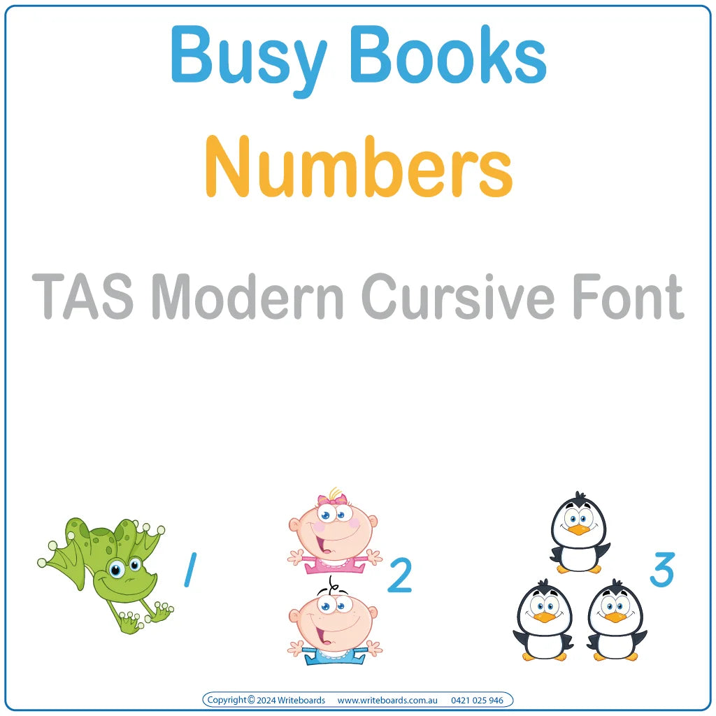 Teach numbers with this TAS Modern Cursive Font Busy Book that includes 34 interactive pages