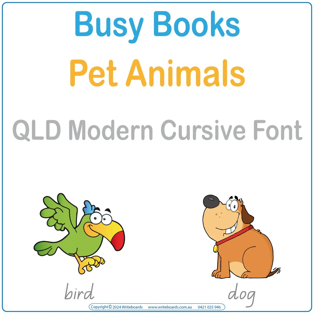 Teach your students about pet animals with this QLD Modern Cursive Font Busy Book