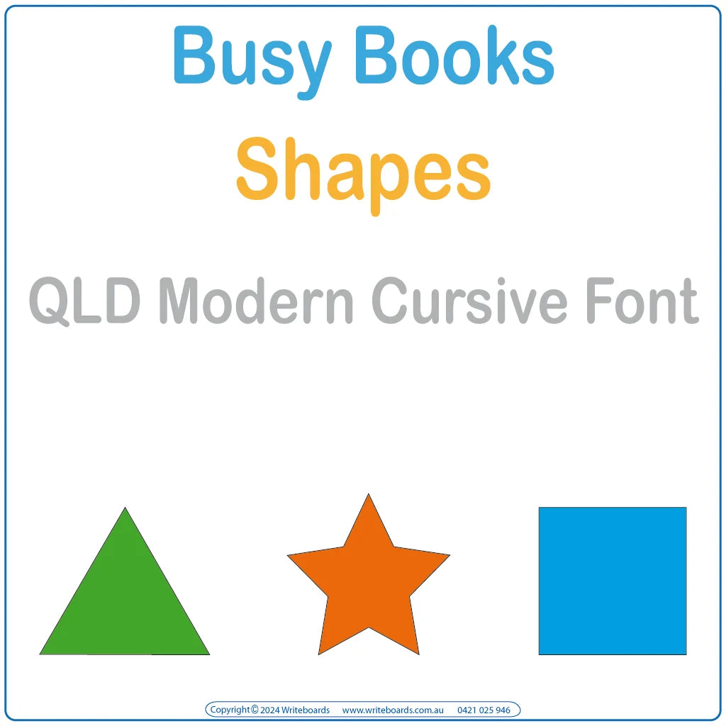 Teach shapes with this QLD Modern Cursive Font Busy Book that includes 16 interactive pages