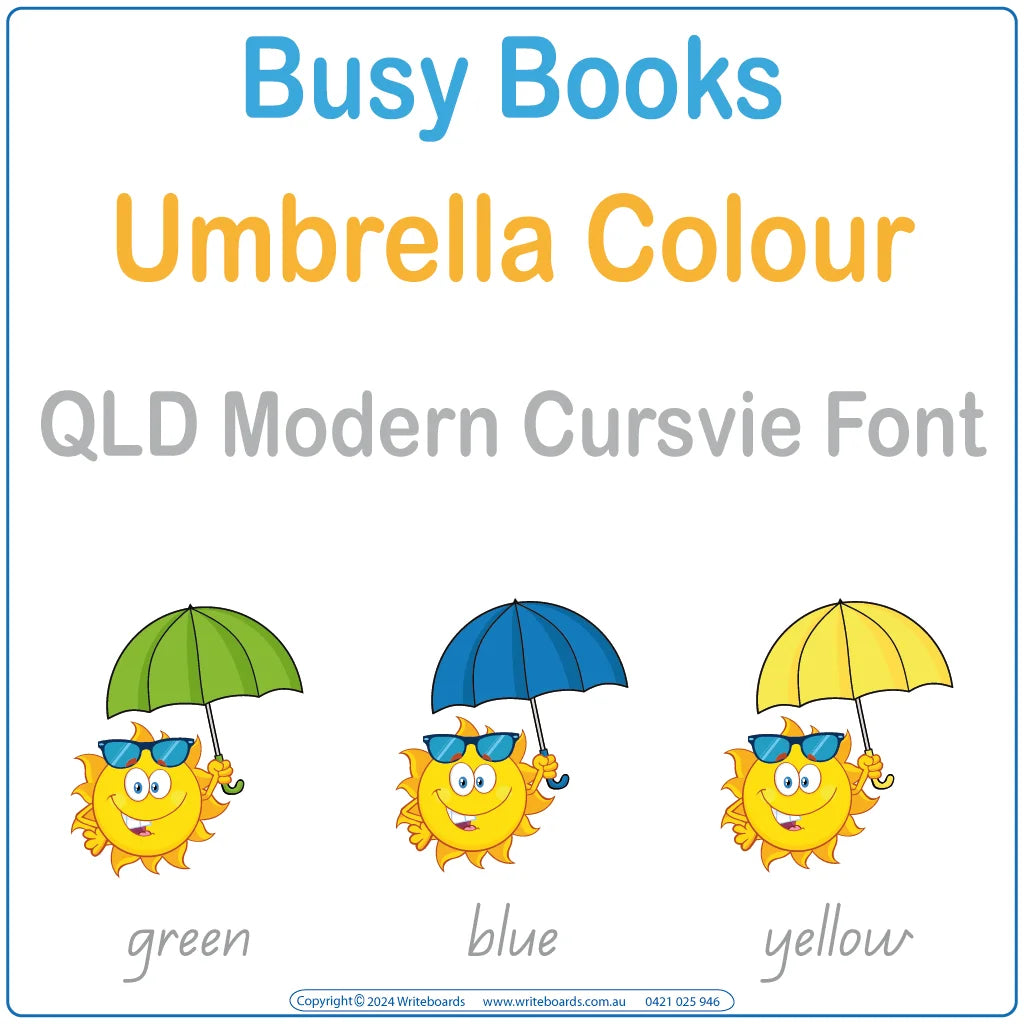 Teach colour recognition and handwriting with this 12-page Colours Busy Book in QLD Modern Cursive Font