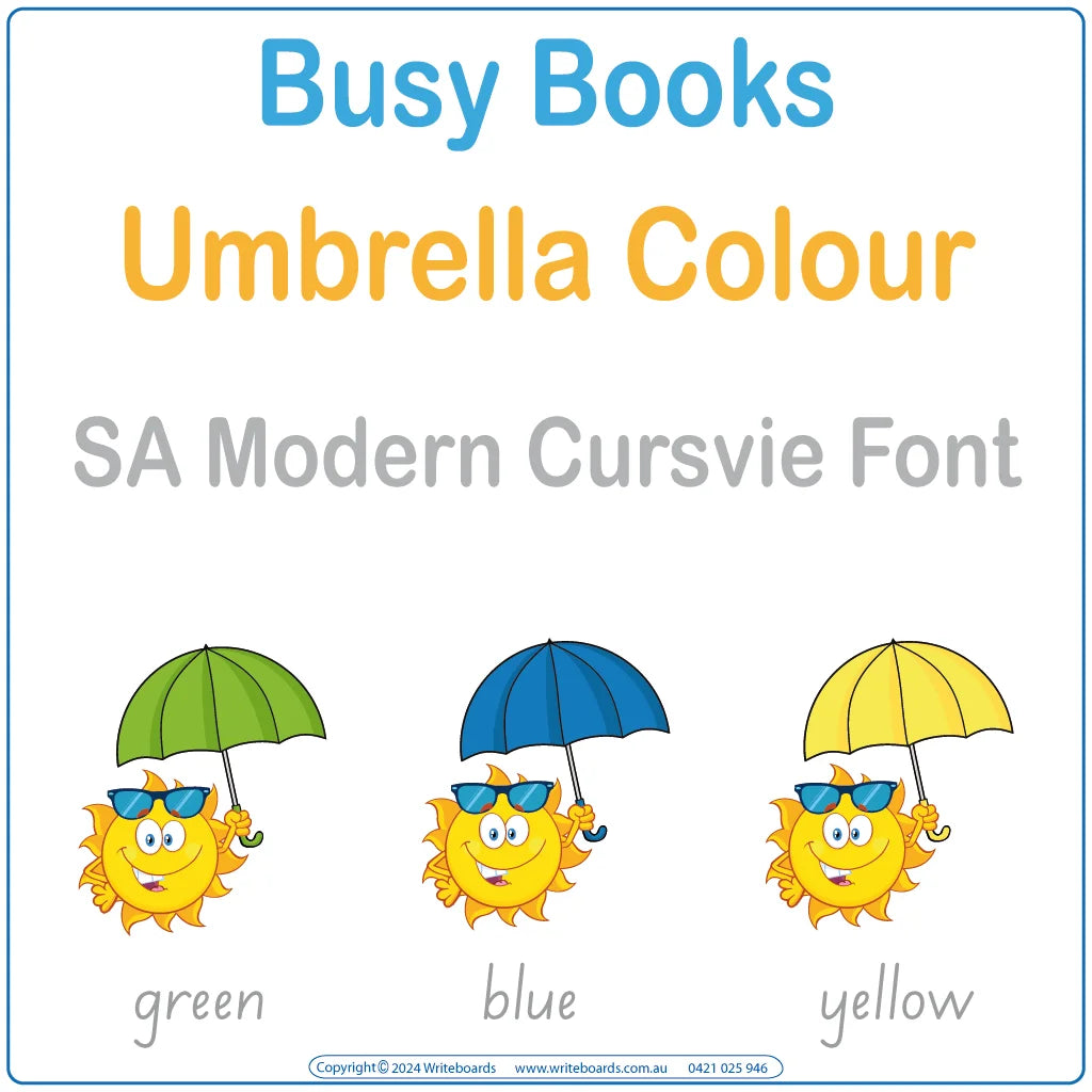 Teach colour recognition and handwriting with this 12-page Colours Busy Book in SA Modern Cursive Font