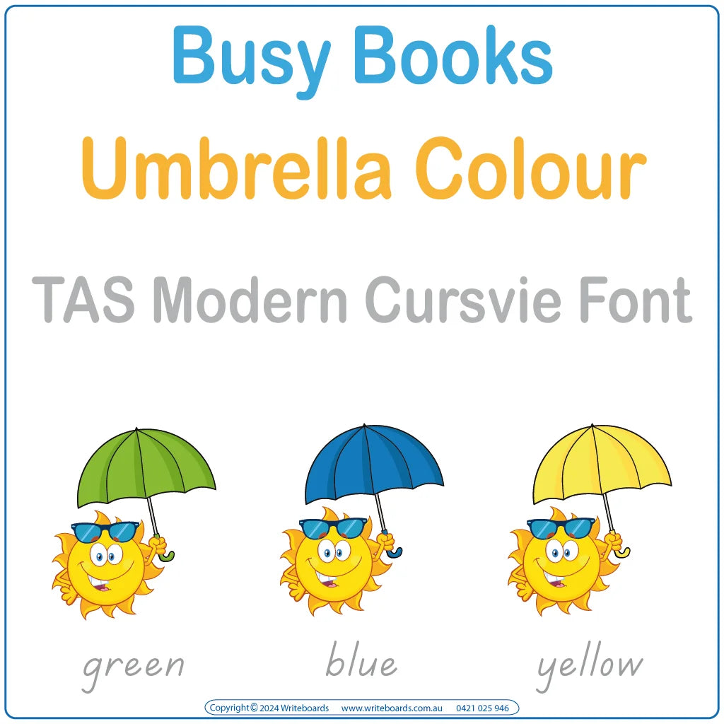 Teach colour recognition and handwriting with this 12-page Colours Busy Book in TAS Modern Cursive Font